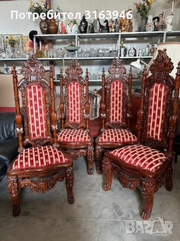 Антикварен трон,кресло,Барок ,комплект 4броя , снимка 2 - Дивани и мека мебел - 51718987