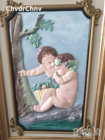 91х64см-8кг/стара голяма маслена картина-пано от гипс/голи деца/Рококо/дървена рамка, снимка 2 - Картини - 51357831