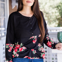 Дамскa черна блуза с дълъг ръкав и принт на цветя, макси размери, снимка 7 - Блузи с дълъг ръкав и пуловери - 44742605