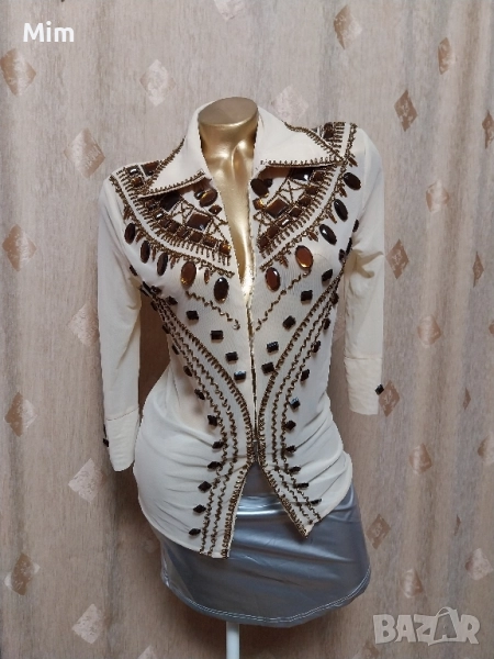 S Дамски риза с дълъг ръкав от прозрачен еластичен тюл с камъни , снимка 1