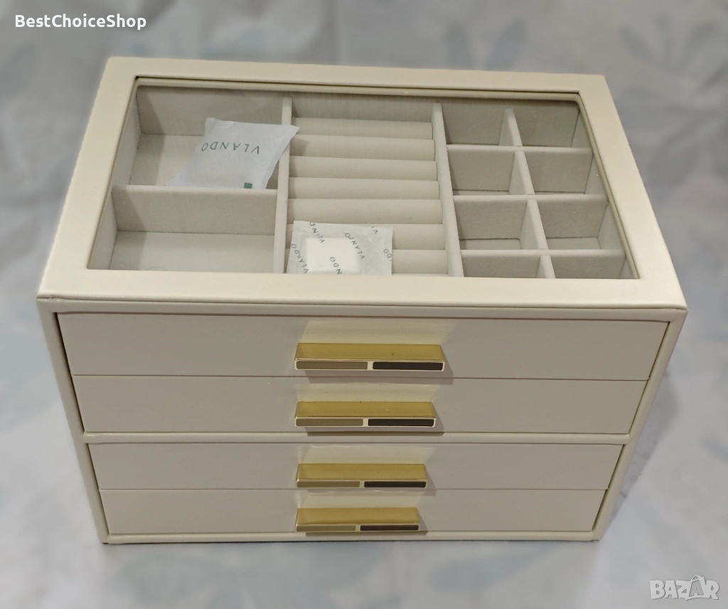 Vlando кутия за бижута 4-етажен органайзер с стъклен капак, снимка 1