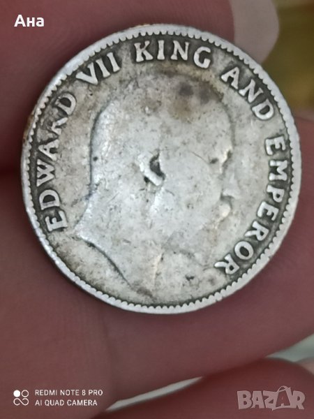 1/4 рупия 1910 г Индия сребро

, снимка 1