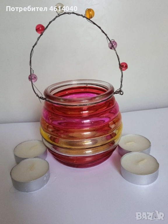Стъклен фенер + 5 свещи, снимка 1