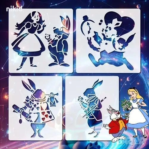 4 вида Алиса в страната на чудесата стенсил шаблон спрей торта украса сладки Scrapbooking, снимка 1