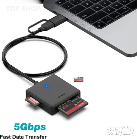 Четец на карти с памет, BENFEI 4in1 USB 3.0 и USB-C към SD Micro SD MS CF адаптер за четец на карти,