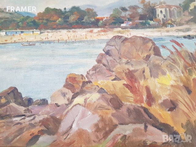 проф. Панайот Панайотов 1909-1986 Созопол централният плаж маслено 1950те години, снимка 6 - Картини - 41611669