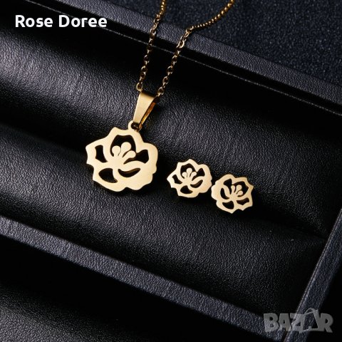 RD 348 Комплект Лилия бижута обеци и колие в златисто медицинска стомана безплатна доставка подарък, снимка 3 - Подаръци за жени - 41632537