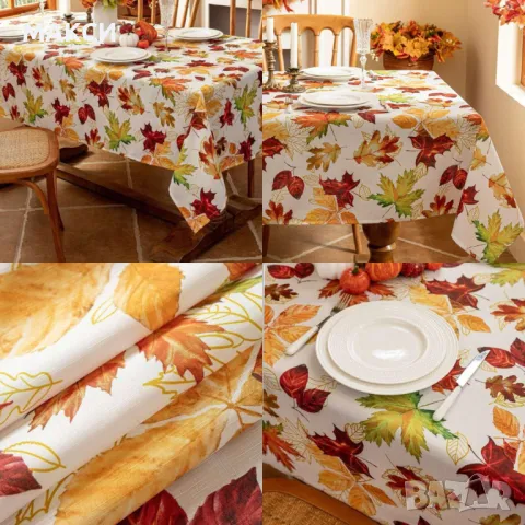 Красива широка и дълга топлоустойчива покривка за правоъгълна маса с ярки многоцветни кленови листа