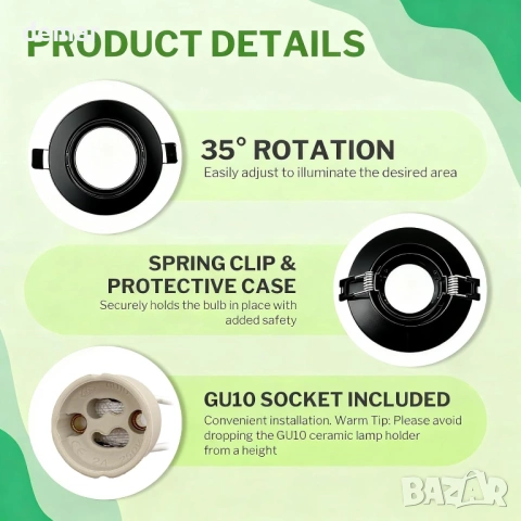 10x GU10 луни за таван, кръгли, матово бяло покритие, метална рамка, без крушки, снимка 5 - Лед осветление - 53778222