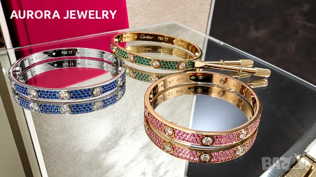 CARTIER Love Paved Capsule Rose Gold 10 Pink Sapphires Diamonds Гривна с Отверка, снимка 11 - Гривни - 56017635