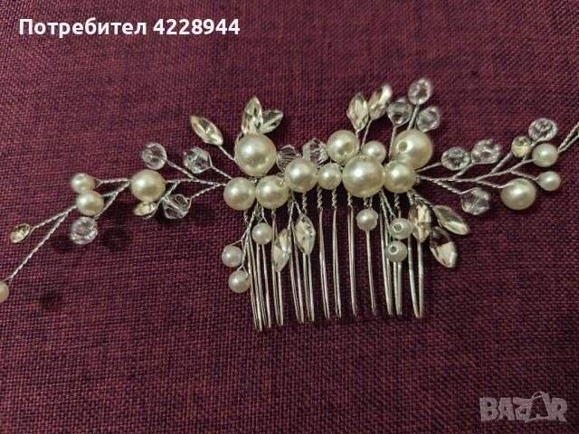 Аксесоар за коса – сребрист, с перли и кристали за сватба, бал, парти, снимка 7 - Аксесоари за коса - 50778178