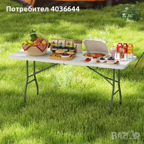 Сгъваема маса 153 х 74 х 74 см – бял HDPE плот и стоманена рамка за градина, тераса и събития, снимка 4 - Градински мебели, декорация  - 55849010