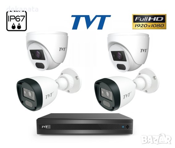 TVT FULL-HD Комплект за Видеонаблюдение с 2 Булет и 2 куполни камери, снимка 1 - HD камери - 40993745