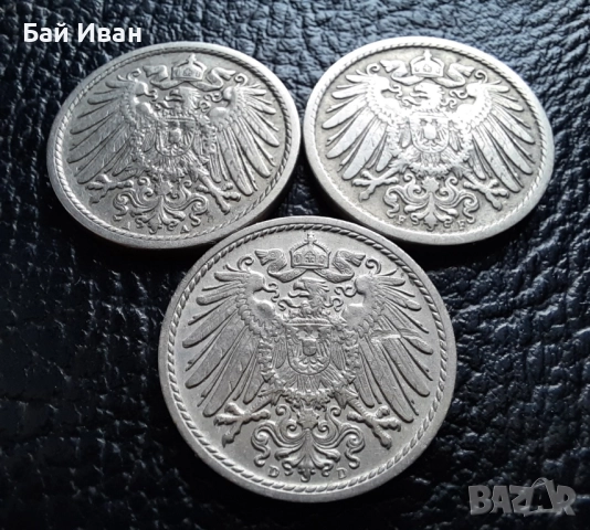 Стара монета 5 пфенига 1908 г. букви A , D и F - Германия -три разновидности !, снимка 5 - Нумизматика и бонистика - 39779148
