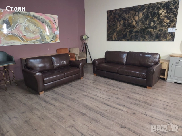 Кафяв кожен комплект дивани четворка и двойка с функция сън