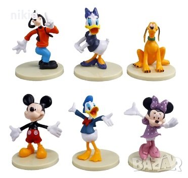 6 бр Мики Мини Маус Mickey Minnie Disney пластмасови фигурки на бяла стойка за украса торта и игра, снимка 5 - Фигурки - 44405038