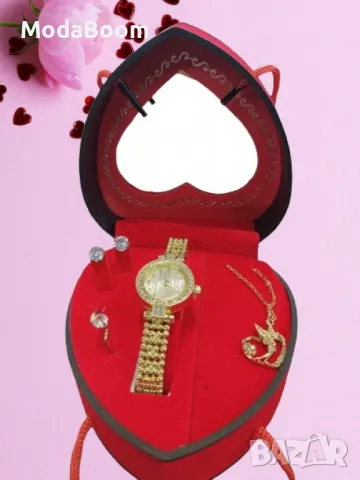 Луксозен дамски комплект - Бижута и елегантен часовник в сърцевидна кутия, снимка 2 - Бижутерийни комплекти - 48683075