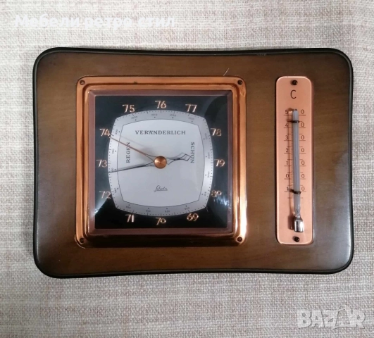 Стилен винтидж барометър с вграден термометър, изработен от дърво и метал с медни елементи., снимка 3 - Декорация за дома - 52341525
