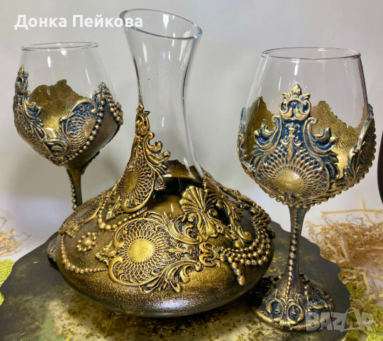 Сет за вино от 3 части декантер с 2 чаши ръчна изработка, снимка 9 - Декорация за дома - 44816490