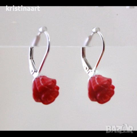 Сребърни обeци c червен корал с форма на роза, снимка 2 - Обеци - 38881490