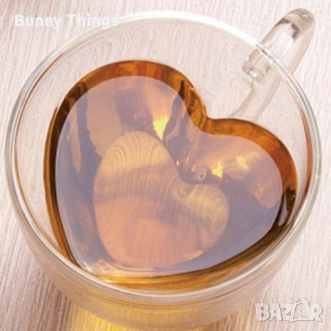 Стъклена двустенна прозрачна чаша с форма на сърце – 240 мл, снимка 2 - Чаши - 53416113