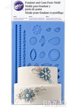 Wilton Бижута диаманти камъни верижка ланец перли кант силиконов молд форма украса торта фондан