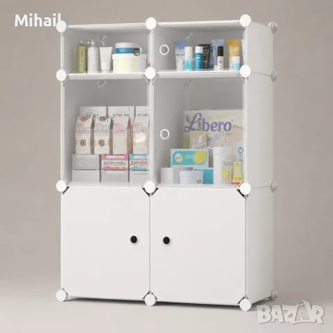 Модулен шкаф за съхранение – 6 модула с вратички, бял, 144 × 74 × 37 см