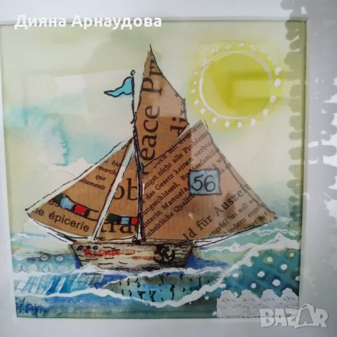 ,,Хартиеният кораб"- смесена техника, снимка 3 - Картини - 47465313