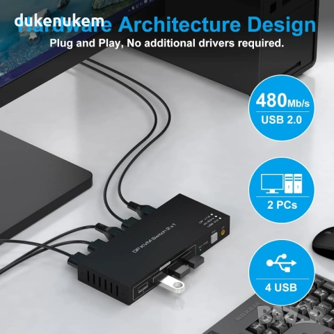 DisplayPort KVM суич 4K@60Hz – 2 компютъра към 1 монитор, снимка 4 - Други - 53083198