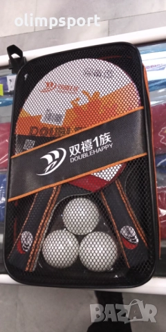 хилки за тенис на маса комплект Дабъл Хепи нападателни гуми 2.0мм гладки с фл дръжка 3 топчета калъф, снимка 2 - Тенис - 51902507