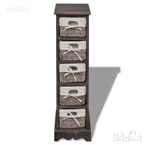 vidaXL Кафяв дървен стелаж с 5 плетени кошници за съхранение, снимка 3 - Кутии за съхранение - 56146333