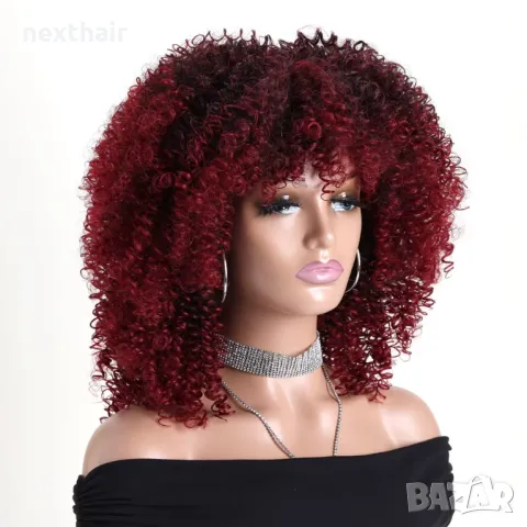 Тъмно червена афро къдрава омбре перука с тъмни корени, снимка 3 - Аксесоари за коса - 50307861