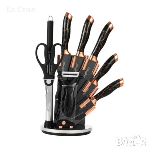 Комплект уреди за рязане–9 части с мраморно покритие, стойка, точило и белачка, снимка 3 - Прибори за хранене, готвене и сервиране - 53565458