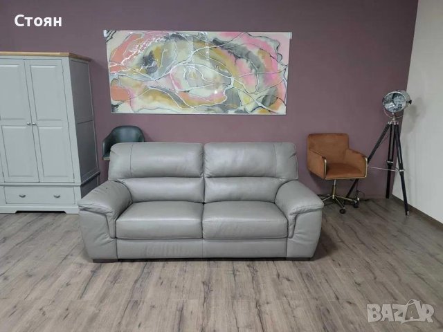 Италиански сив кожен диван тройка Virgilio, снимка 1 - Дивани и мека мебел - 44297960
