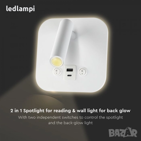 LED Аплик 8W С USB/PD Порт Бял Топло Бяла Светлина, снимка 6 - Лампи за стена - 51443627