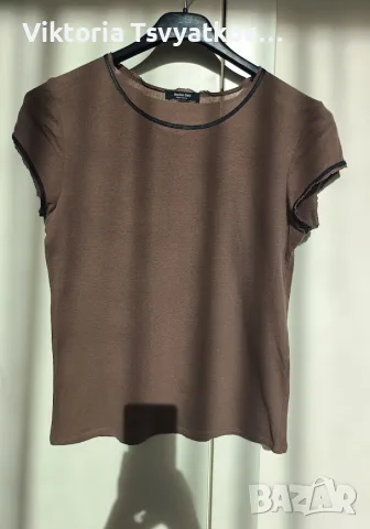 Кафява тениска с кант от естествена кожа Massimo Dutti - размер XS