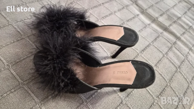 Черни домашни чехли с ток и пера – Oysho, нови, номер 36, снимка 4 - Чехли - 53475272