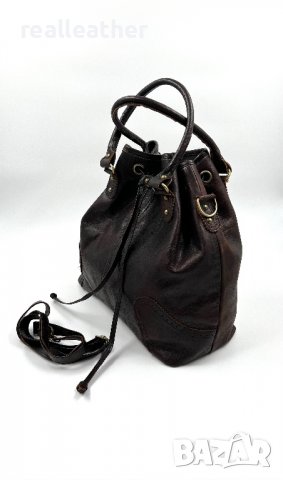 Мароканска чанта тип торба от естествена кожа в тъмно кафяво, снимка 2 - Чанти - 33873827