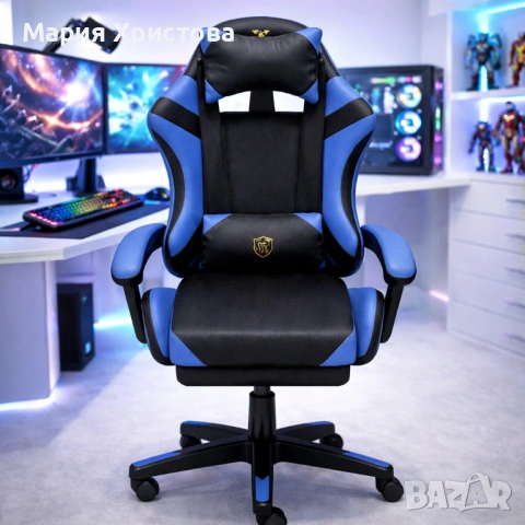 Удобен геймърски стол с поставка за крака и масажна лумбална възглавница , снимка 2 - Геймърски - 53484383