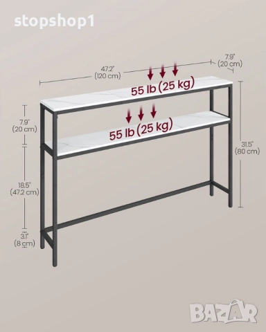 VASAGLE 2-етажна конзолна маса за коридор, мраморно бяло и мастилено черно, снимка 5 - Етажерки - 53860781