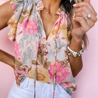 Дамска блуза с къс ръкав, принт на цветя и връзки с пискюли, снимка 7 - Корсети, бюстиета, топове - 44821728