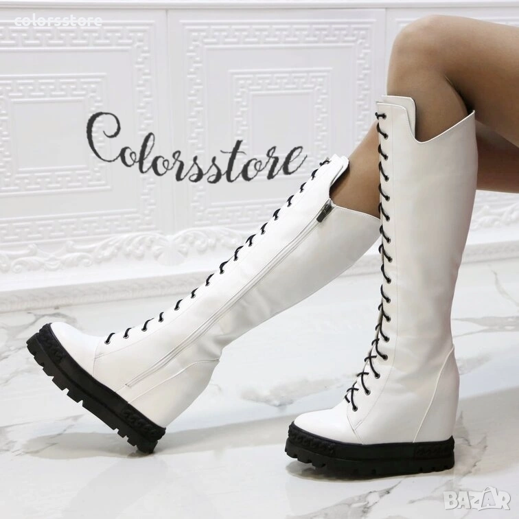 Ботуши на платформа - бяла кожа с черно ходило - BPL200, снимка 1