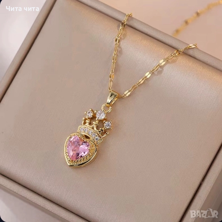 Колие „Royal Pink Heart“ – медицинска стомана с 18К позлата, снимка 1