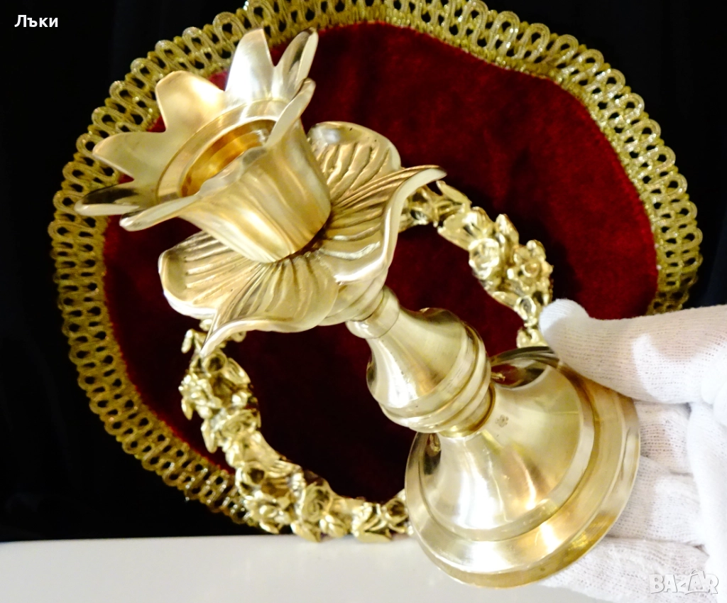 Викториански бронзов свещник,цвете. , снимка 1