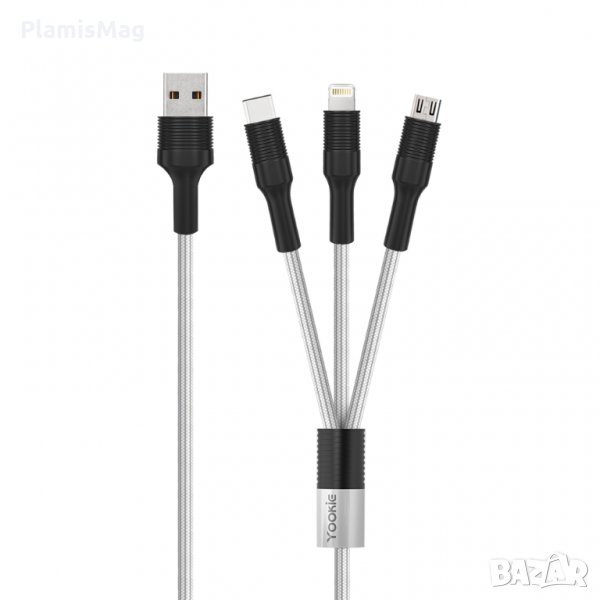 Кабел за зареждане Yookie CB13, 3 в 1, Micro USB, Lightning, Type-C, 1.0m, Черен, снимка 1