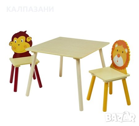 Детска Дървена Маса с 2 Столчета, Комплект - за Учене, Игра, Рисуване, Хранене - ANIMALS, снимка 1