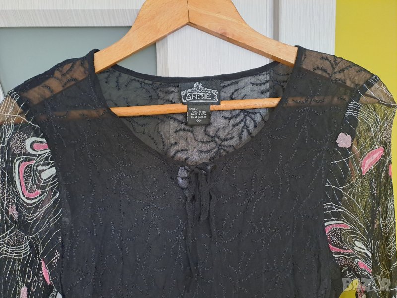 Блуза дълъг ръкав черна полупрозрачна с цветни ръкави S-М, снимка 1