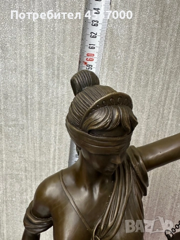 Голяма бронзова скулптура „Темида“ – ГРАНД модел 59 см, около 7 кг, подпис Mayer, снимка 4 - Антикварни и старинни предмети - 53406280