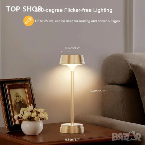 GOVSSING Настолна LED лампа 5200mAh акумулаторна, 3 цветни режима, димируема, таймер, златисто, снимка 2 - Настолни лампи - 49938004