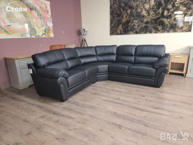 Черен кожен ъглов диван, снимка 4 - Дивани и мека мебел - 53716392